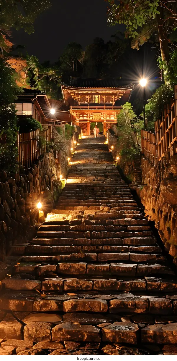 Stone steps leading up to a temple at night