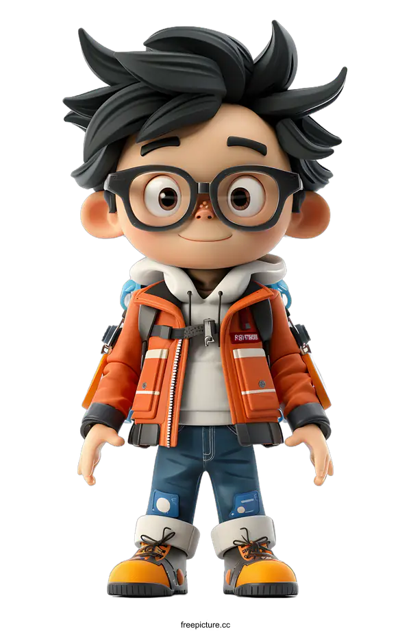 [Transparent Background PNG]A 3D rendering of a young boy wearing glasses, a jacket, and a backpack