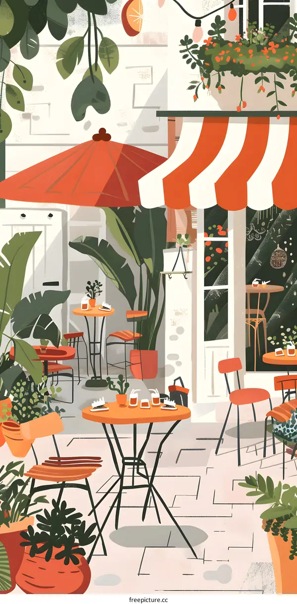 Summer Cafe Illustration with Striped Awning, Plants and Outdoor Seating