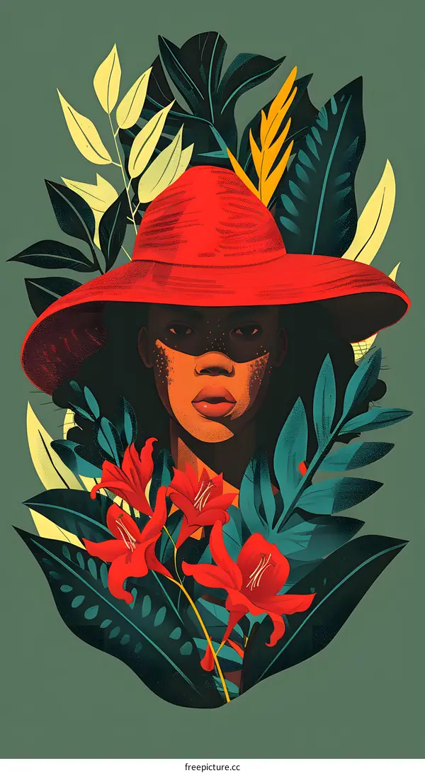 Woman With Hat In Tropical Leaves Illustration