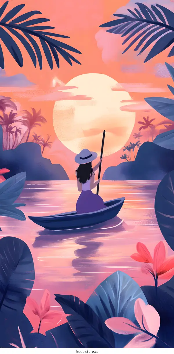 Woman Rowing Boat at Sunset with Palm Trees