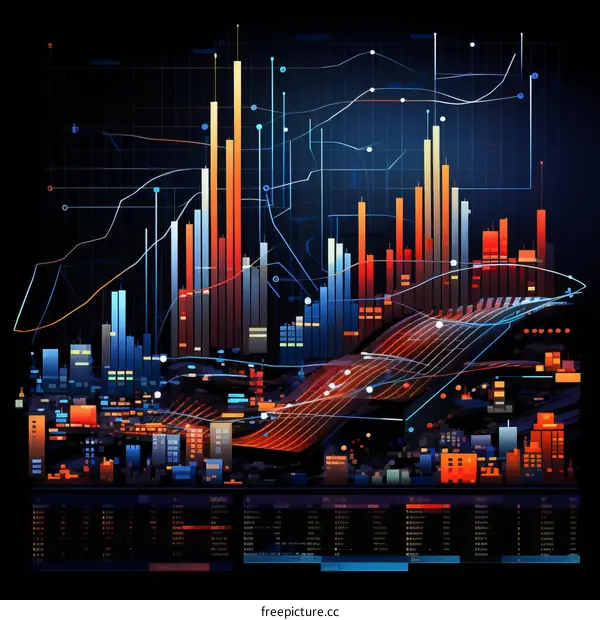 A digital illustration of a city at night with a glowing grid of data and information.