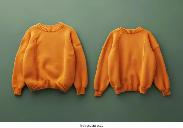 Two orange sweaters on a green background