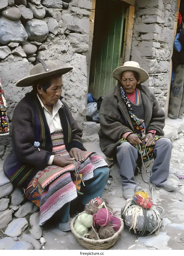 Two Peruvian Women Sitting Outside a Building