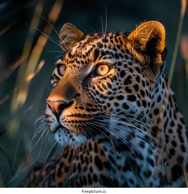 Portrait of a leopard staring into the distance with the sun's light on its face