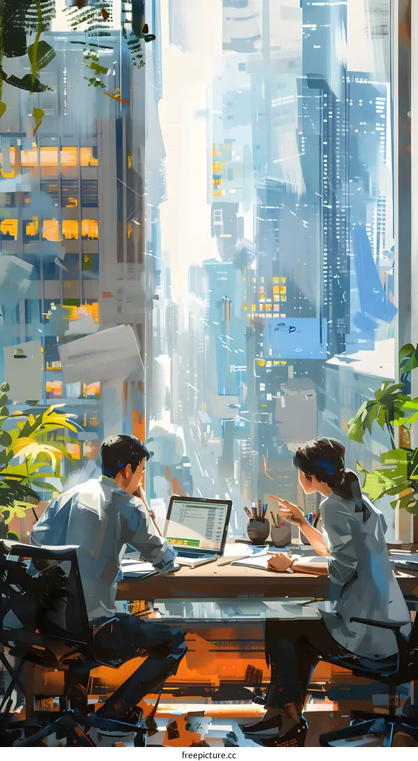 A couple is sitting at a desk in an office looking at a laptop.