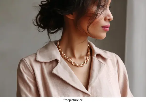 Woman Wearing Gold Necklace Closeup Fashion