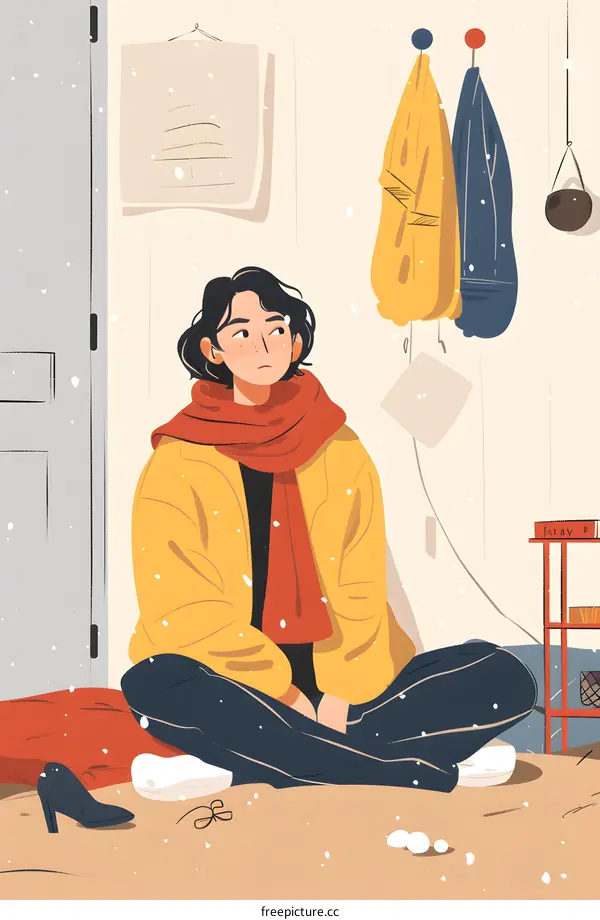 Girl Sitting Indoors With Snow Falling