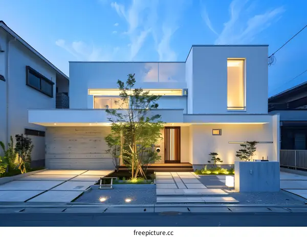 Modern White House With Large Windows and Wooden Door