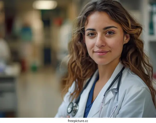 Portrait of a smiling female doctor in a white coat