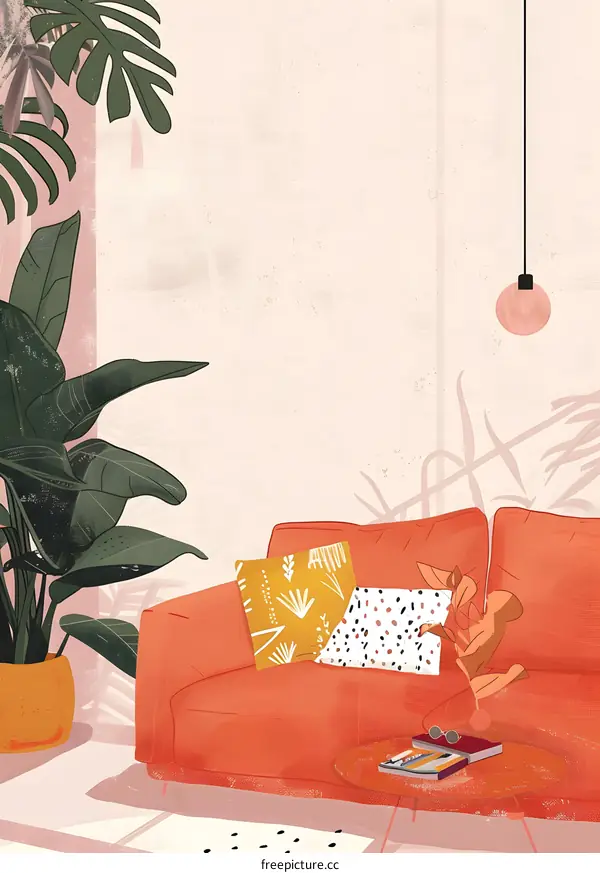 Orange Couch with Patterned Pillows in Living Room Interior