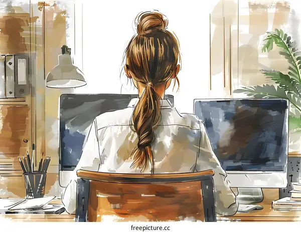 A woman is sitting in front of two computer monitors. She has her hair in a bun and is wearing a white shirt.