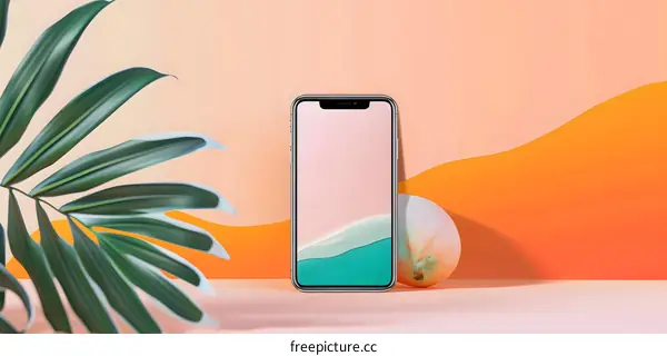 Modern Minimalist Phone Mockup with Green Leaves and Abstract Background