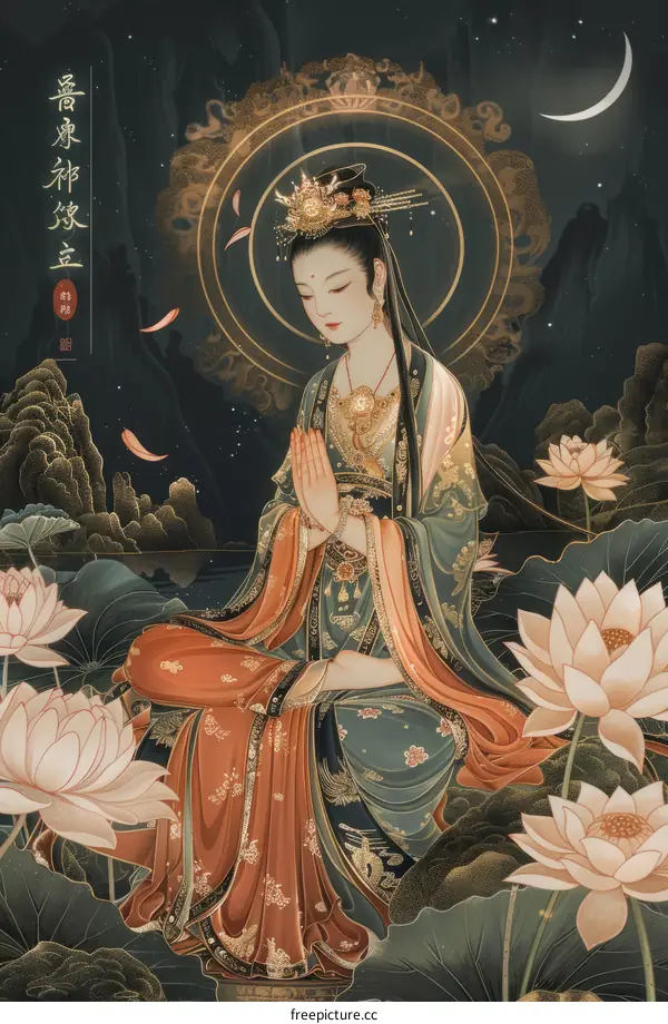 An illustration of a Chinese goddess sitting on a lotus flower