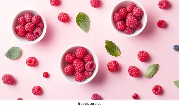 Fresh Raspberries in White Bowls on Pink Background
