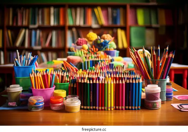 A Messy Table of Colorful School Supplies