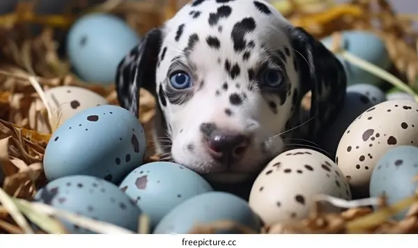 Playful Dalmatian Puppy in Easter Egg Nest