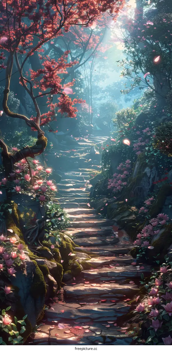 Enchanted Forest Path with Pink Flower Petals