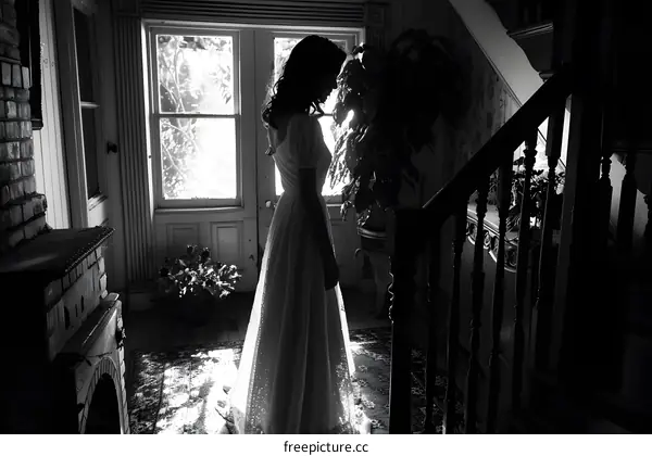Black and white photo of a woman in a wedding dress standing in a doorway.