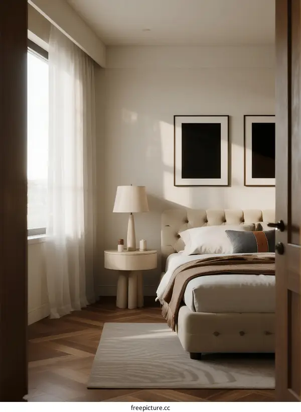 Elegant bedroom with soft lighting and modern furniture arrangement