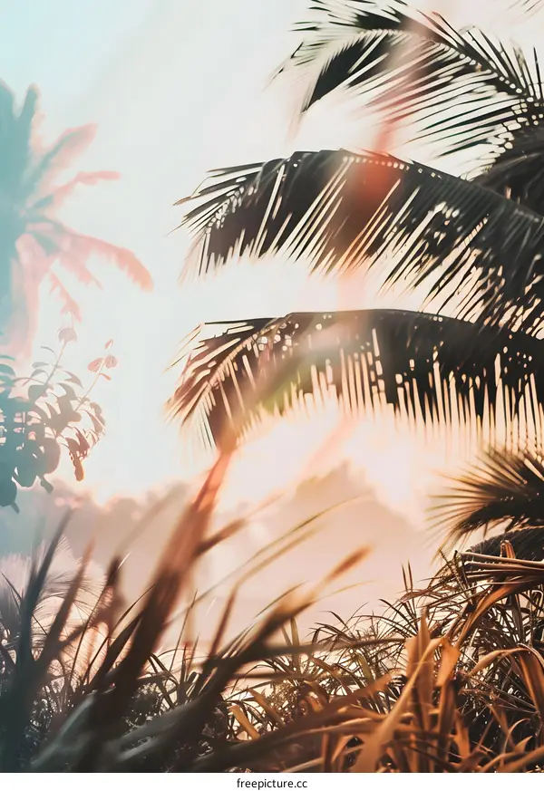 Palm Tree Leaves and Sunbeams at Sunset