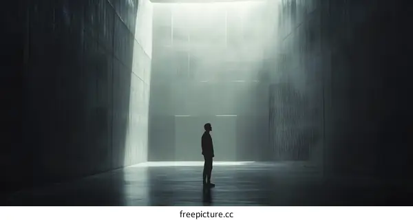 Silhouette of Man Standing in a Concrete Hallway