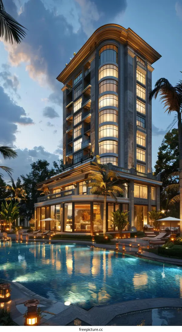 Luxury Hotel with Palm Trees and Swimming Pool