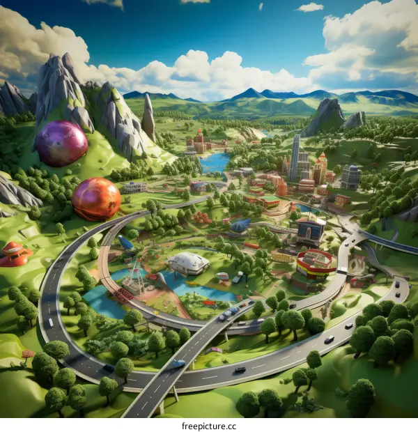 A Futuristic Cityscape with a River and Mountains in the Background