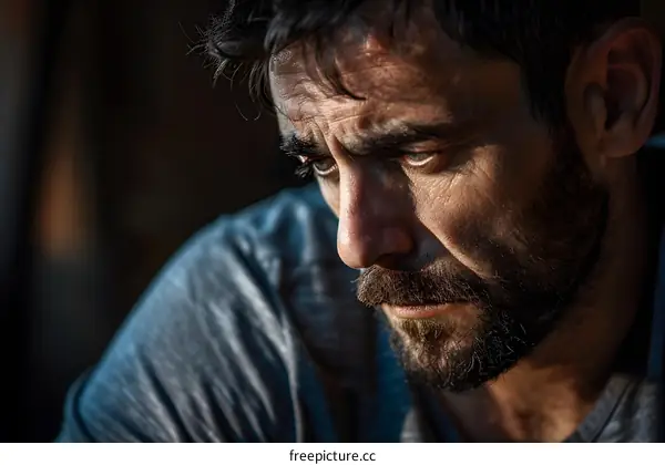 Portrait of a man with a beard looking down