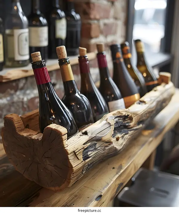 Wine bottles in a rustic wooden wine rack