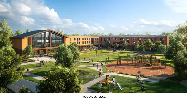 Modern School Campus with Playground and Green Space