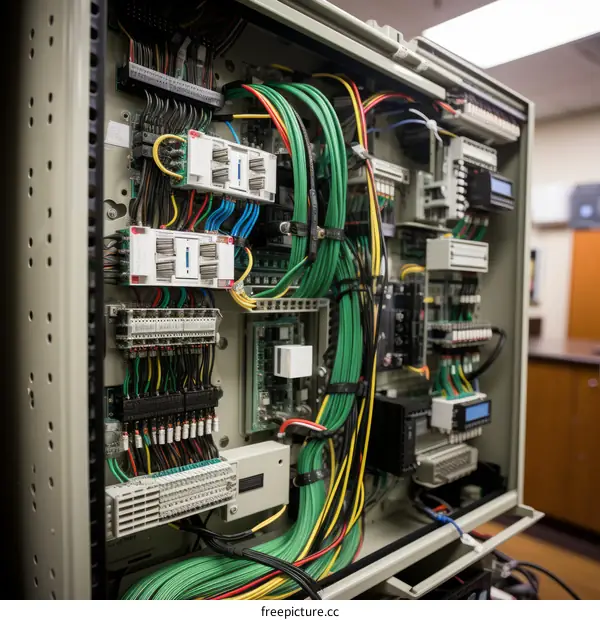 Industrial control panel with various electrical components and wiring