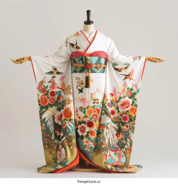 A woman wearing a traditional Japanese wedding kimono with floral patterns and a colorful obi