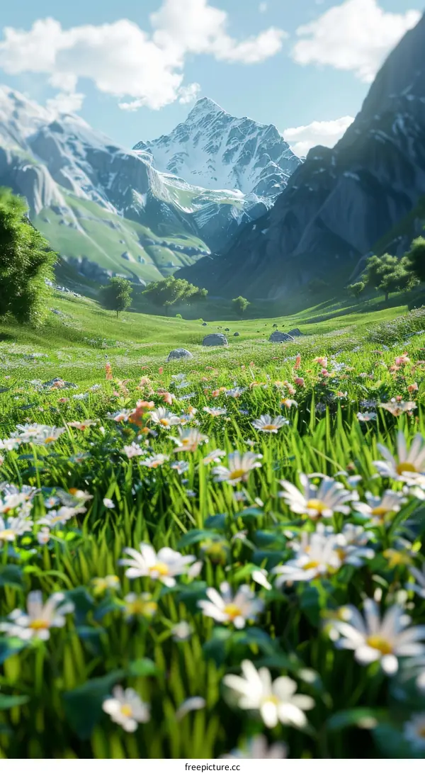Field of Flowers Set Against Snow-Capped Mountains