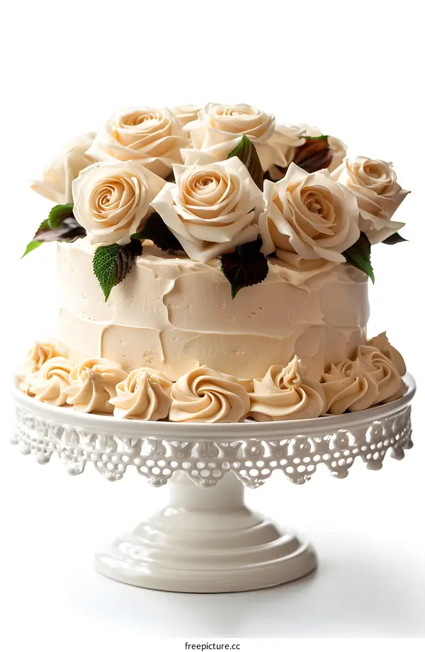 White frosted cake decorated with roses on white cake stand