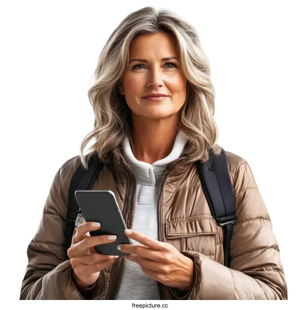 [Transparent Background PNG]Woman using smartphone outdoors portrait