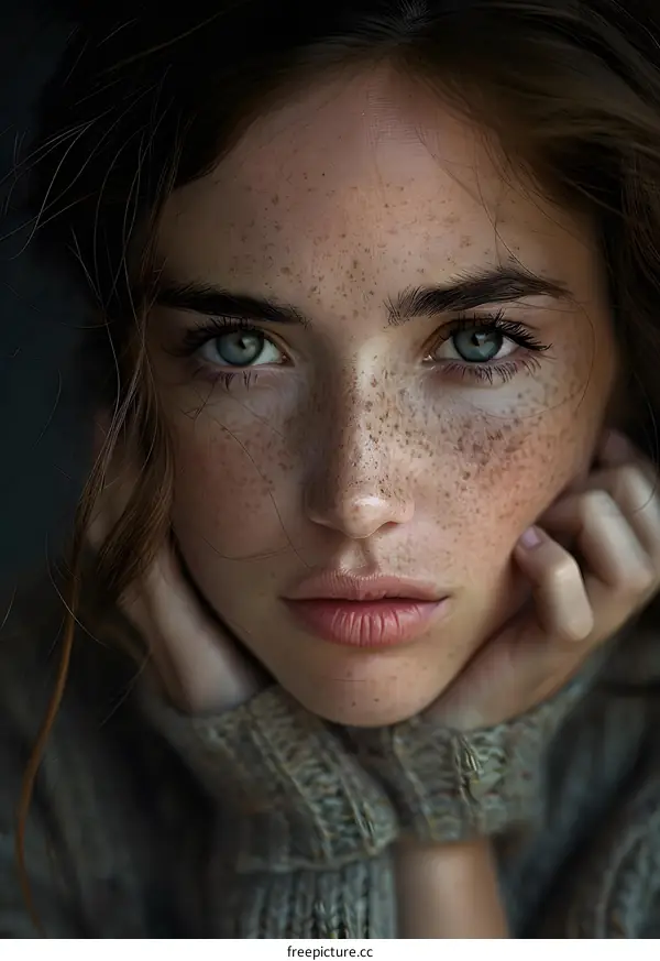 portrait of a young woman with freckles and green eyes