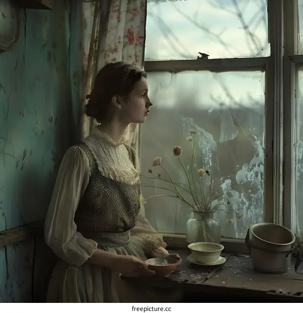 A thoughtful young woman sits at a table in front of a window