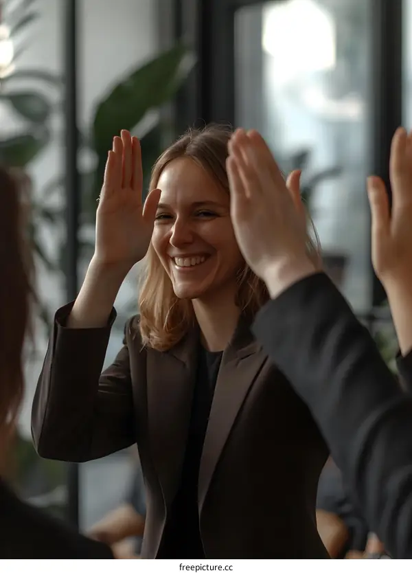 Smiling Woman With Blonde Hair and Brown Jacket Raising Hands In Group of People