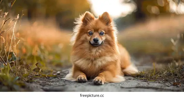 A cute Pomeranian dog lying on the ground in the woods