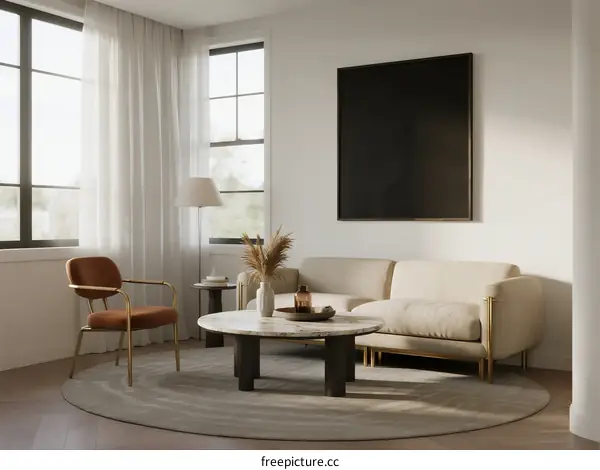 Modern living room with minimalist sofa and round carpet