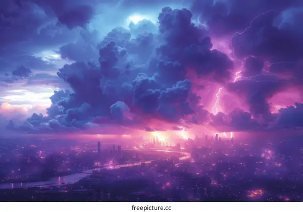 A purple and blue cityscape with storm clouds and lightning