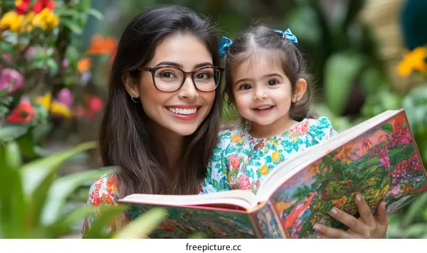 Mother and Daughter Reading a Book in Botanical Garden