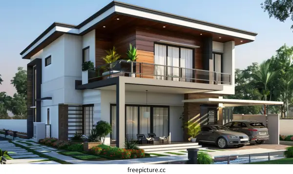 Modern Two-Story Residence with Balcony and Garage