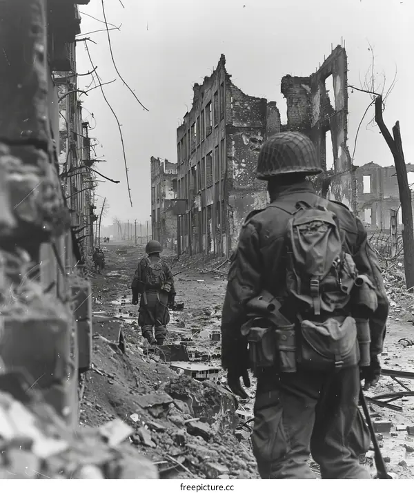 American soldiers walking through the ruins of Aachen, Germany, 1944