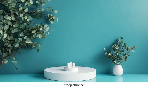 Minimalist Scene with Eucalyptus Branches and Podium