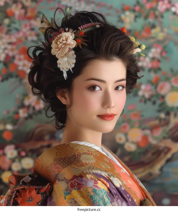 Portrait of a beautiful Japanese woman in traditional kimono