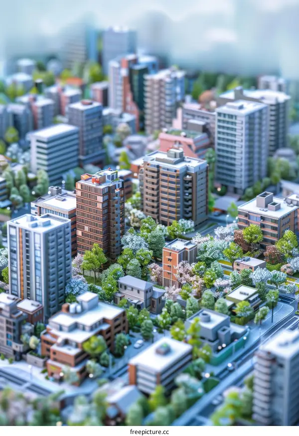 Detailed Miniature City Model with Buildings, Trees, and Roads