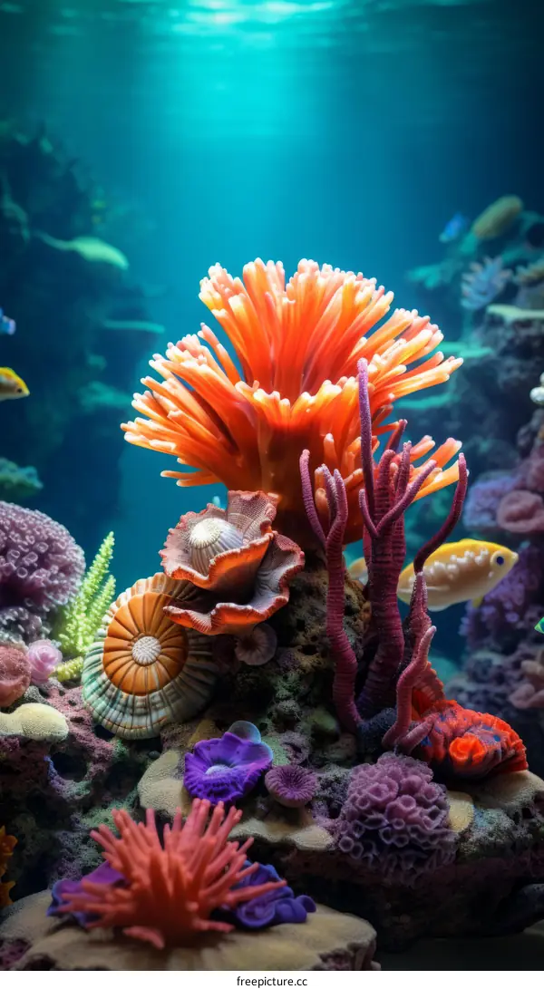 Underwater world with various types of corals and tropical fish