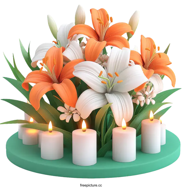 [Transparent Background PNG]Colorful Lily Flower Arrangement with Candles